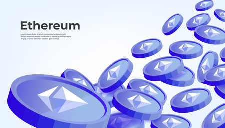 Ethereum coins falling from the sky. ETH cryptocurrency concept banner background.のイラスト素材