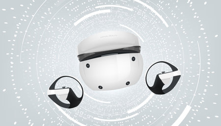 Virtual reality headset and controllers for gaming. VR helmet. Metaverse technology concept.のイラスト素材