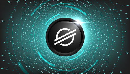 Stellar (XLM) crypto currency themed banner. XLM icon on modern green color background.の写真素材