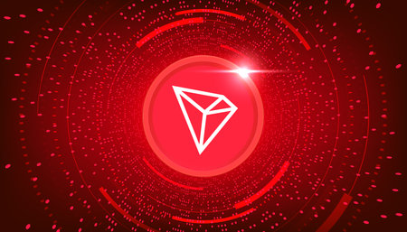 TRX crypto currency themed banner. TRX icon on modern black color background.の写真素材