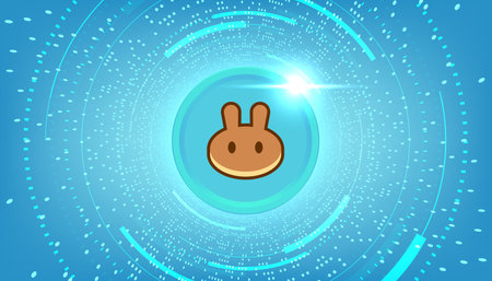 PancakeSwap (CAKE) coin banner. CAKE coin cryptocurrency concept banner background.の写真素材