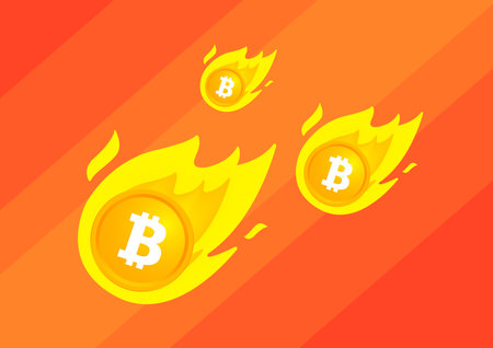 Falling bitcoin on fire on red background. Bitcoin Price Falling concept.のイラスト素材