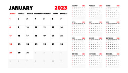 2023 Calendar. The week starts on Sunday. Annual calendar 2023 template. Calendar design in black and white colors, Sunday in red colors. Calendar planning week. vectorのイラスト素材