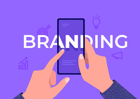 Hands zooming the word branding on mobile screen. used for poster, banner, background, social media.のイラスト素材