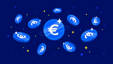 Digital Euro coins on blue background. European Central Bank (ECB) concept banner background.のイラスト素材