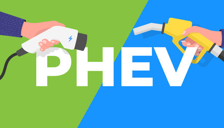 PHEV, Plug-in hybrid electric vehicle banner. Hand holding gas pump and power connector for refuel.のイラスト素材