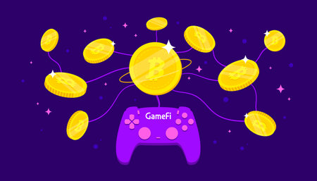 GameFi concept. Crypto currency coins with game controller on blue background.