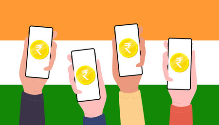 Digital Rupee Coins on mobile screen of people, CBDC currency futuristic digital money on India flag  background. vectorのイラスト素材