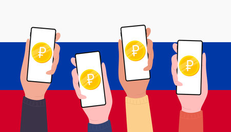 Digital Ruble RUB Coins on mobile screen of people, CBDC currency futuristic digital money on Russia flag  background. vectorのイラスト素材
