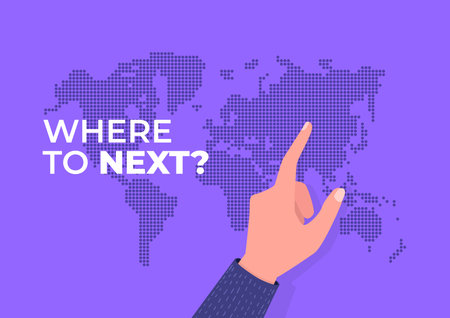Where to next destination for travel banner. Hand pointing new destination of next trip.のイラスト素材