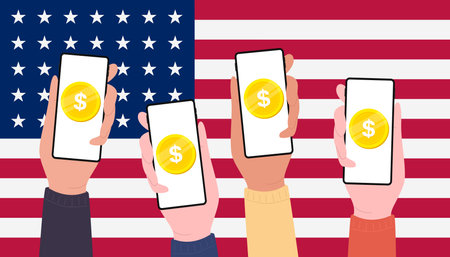 Digital Dollar Coins on mobile screen of people, CBDC currency futuristic digital money on USA flag  background. vectorのイラスト素材
