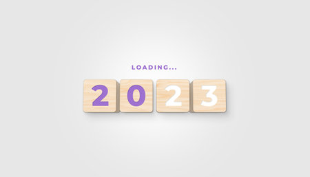 Wooden blocks 2023 on gray background. Start new year 2023 with goal plan, goal concept, action plan, strategy, vision. 2023 New Year Loading. 3D illustration.の写真素材