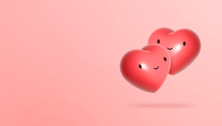 Two cute hearts on pink background. Happy Valentine's day background. 3D illustration.の写真素材