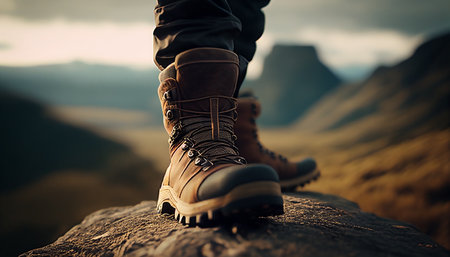 Hiking boots on the trail. Generative AI.の素材
