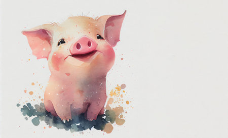 Hand drawn watercolor smiling pig with copyspace on white background.の素材