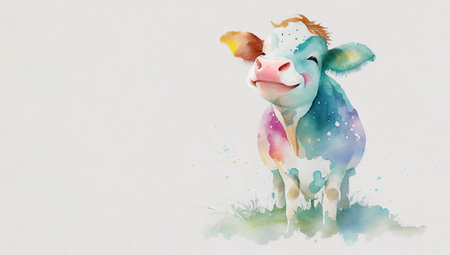 Hand drawn watercolor smiling cow with copyspace on white background. Generative AI.の素材