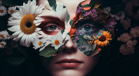Abstract contemporary art collage portrait of young woman with flowers on face. Generative AI.の素材