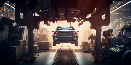 Car bodies are on Assembly line. Modern automotive industry.の素材