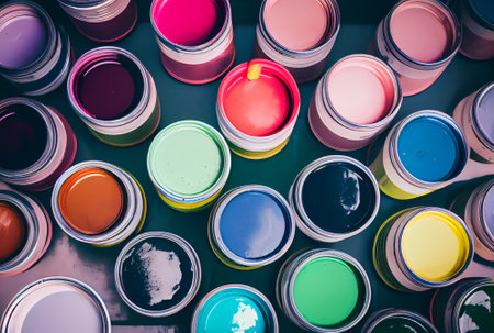 Paint cans color palette, cans opened top view. Generative AI.の素材