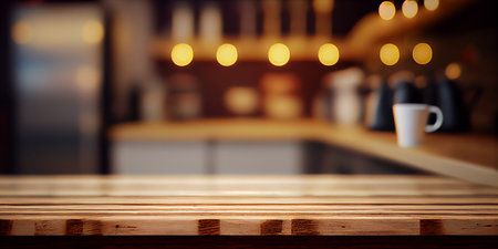 Empty wooden counter top with slow bar coffee background. Generative AI.の素材