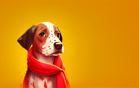 Cute dog with red scarf cartoon character on yellow background. Generative AI.の素材