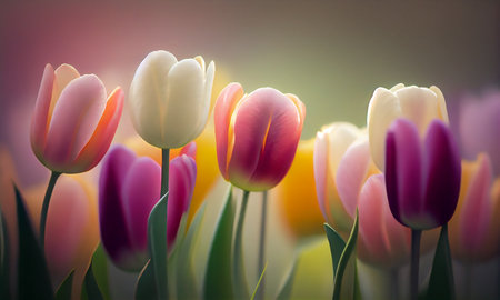 Colorful tulips in pastel coral tints at blurry background, closeup. Fresh spring flowers in the garden with soft sunlight.の素材