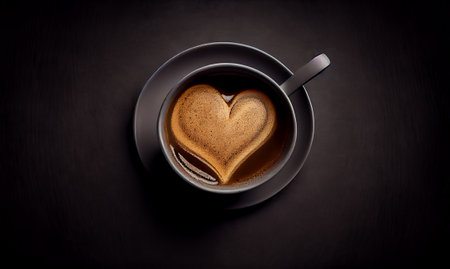 Black cup of coffee with heart shape on black background. Top view with copy space.の素材