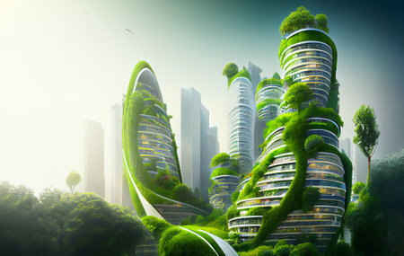 TheÂ green cityÂ of theÂ future. Spectacular eco-futuristic cityscape ESG concept full with greenery, skyscrapers. Generative AI.の素材