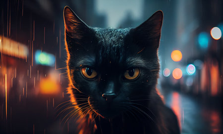 Black cat in cyberpunk city street background. Generative AI.の素材