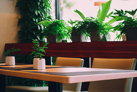 Table in cafe with green plant decoration. Generative AI.の素材