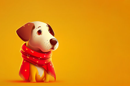 Cute dog with red scarf cartoon character on yellow background. Generative AI.の素材