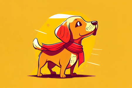 Cute dog with red scarf cartoon character on yellow background. Generative AI.の素材
