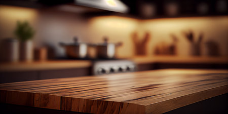 Empty wooden counter top with blurred kitchen background.の素材