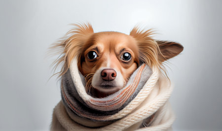 Cute small dog looking at the camera with a white scarf covering.の素材