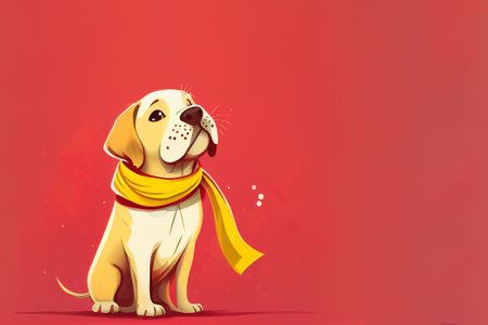 Cute dog with yellow scarf cartoon character on red background.の素材