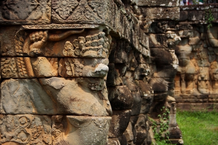 Khmer stone carving in Angkor Thom area, Cambodiaの写真素材