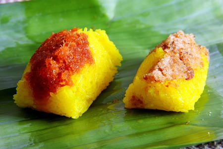 Sweet sticky rice with shrimp and dried fish, dessert in Thai style.の写真素材