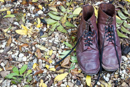 old shoes on leavesの写真素材