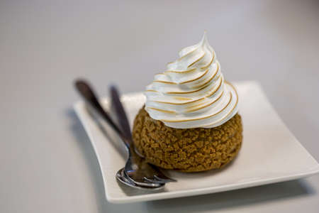 A closeup of delicious tart with whipped cream on top