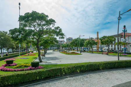 Beautiful, colorful Portuguese town square with flowers and decorations in Vila do Conde, Portugal