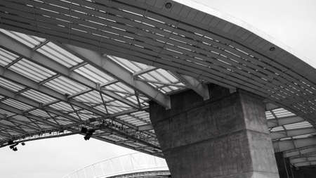 Curved roof of Dragon Stadium, Porto FC football ground. Black and white.のeditorial素材