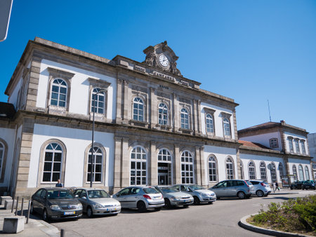 Historic Train Station Campaign in Porto, Portugal. Opened in 1875. Bright sunny day with blue sky.のeditorial素材