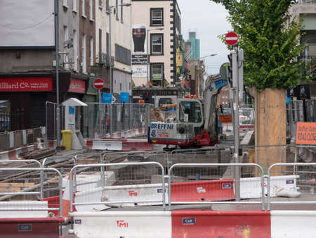 Street closed for construction of new Luas rail line extension in central Dublin, Ireland in 2016