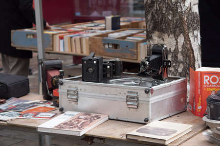 Vintage cameras and photography equipment on display at a stall in Dublin, Irelandのeditorial素材