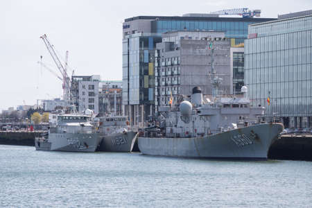 Belgian Navy ships berthed on the River Liffey in Dublin, Ireland.のeditorial素材