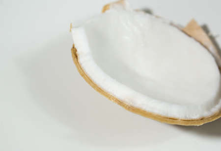 Coconut meat on broken shell. Shallow depth of field.の写真素材