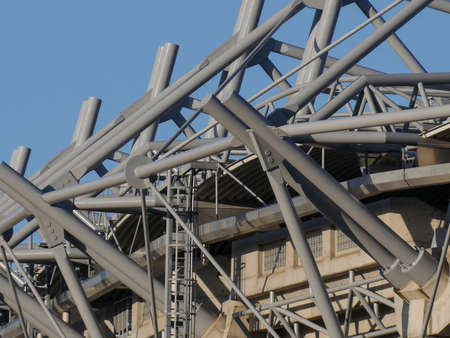 Croke Park GAA ground in Dublin, Ireland. Detail of stadium metal supports against a blue skyのeditorial素材
