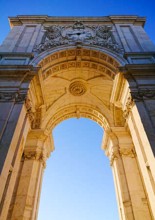 Rua Augusta Arch in Praca do Comercio, Lisbon, Portugal. Low angle shot from belowのeditorial素材