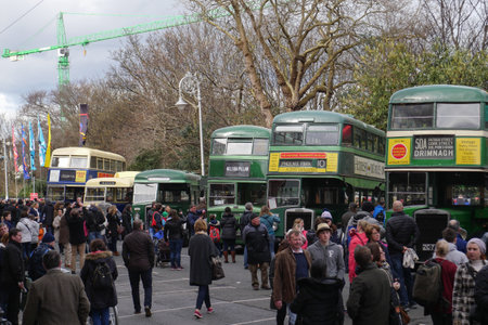 Row of vintage Dublin Buses on display at Merrion Square, Dublin, Ireland.のeditorial素材
