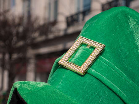 Traditional Irish style green top hat with buckle on St. Patrick's day in Dublin, Ireland.の写真素材